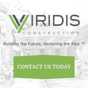 A promotional graphic for Viridis Construction featuring their logo at the top with the tagline "Building the Future, Restoring the Past ™" underneath. Below, a bold green button reads "CONTACT US TODAY" against a white background with a subtle architectural sketch in the backdrop