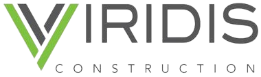 Viridis Construction logo featuring a stylized green and gray 'V' icon, with the word 'VIRIDIS' in bold gray uppercase letters above 'CONSTRUCTION' in smaller gray uppercase letters, representing modernity and professionalism.