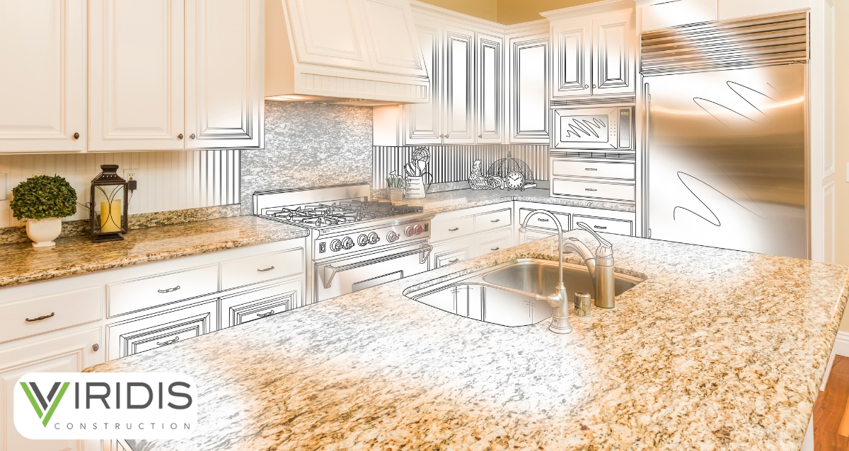 A close-up of a luxury New Orleans-style kitchen design transitioning from a black-and-white sketch to a completed concept. Features include granite countertops, custom cabinetry, and stainless steel appliances, showcasing the custom home budget planning process.