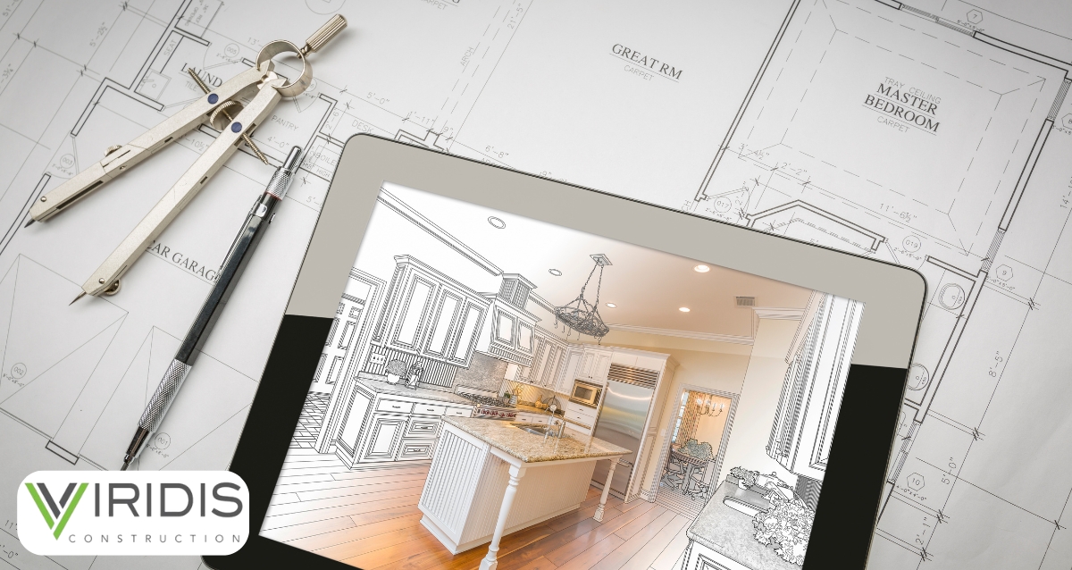 A tablet displaying a split image of a New Orleans-style kitchen design—half as a black-and-white sketch and half as a completed luxury kitchen. The tablet sits on architectural blueprints, surrounded by minimal drafting tools, emphasizing custom home budget and design planning.
