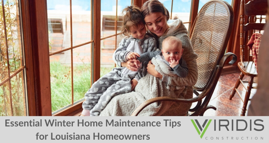 A cozy family moment during winter, with a mother and her two children wrapped in blankets, sitting near large wooden windows overlooking a pool. This highlights the importance of winter home maintenance for comfort and warmth, emphasized by Viridis Construction’s expertise.